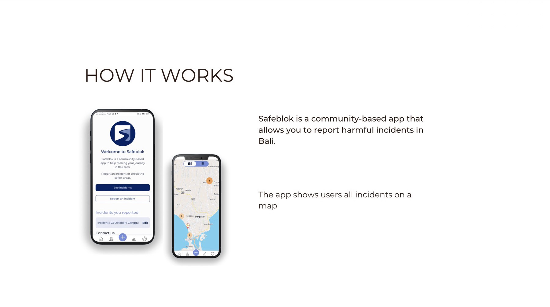 Safeblok welcome screen and a map of Bali with incident markers